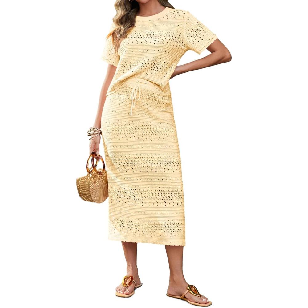 imageTankaneo Womens Crochet Cover Up 2 Piece Skirt Sets Short Sleeve Knit Top Midi Skirt Vacation Travel OutfitsApricot