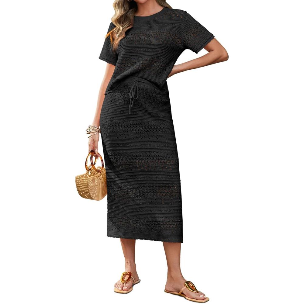 imageTankaneo Womens Crochet Cover Up 2 Piece Skirt Sets Short Sleeve Knit Top Midi Skirt Vacation Travel OutfitsBlack
