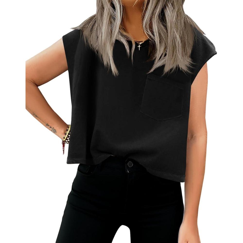 imageTankaneo Womens Crop Tank Top Cap Sleeve Summer Tops Loose Casual Basic Crewneck Shirts with PocketsBlack