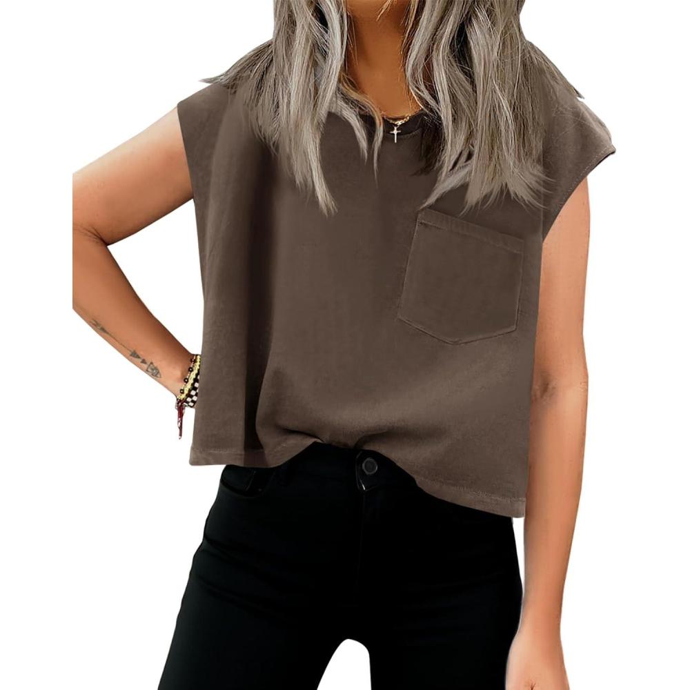imageTankaneo Womens Crop Tank Top Cap Sleeve Summer Tops Loose Casual Basic Crewneck Shirts with PocketsCoffee