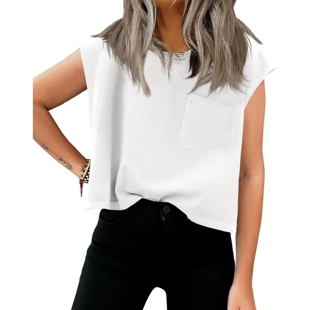 imageTankaneo Womens Crop Tank Top Cap Sleeve Summer Tops Loose Casual Basic Crewneck Shirts with PocketsWhite