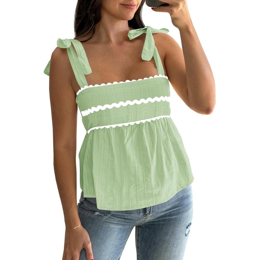 imageTankaneo Womens Cute Tank Tops Summer Casual Peplum Babydoll Square Neck Tie Strap Backless ShirtsGreen