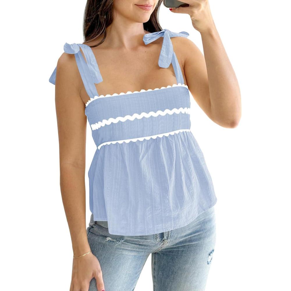 imageTankaneo Womens Cute Tank Tops Summer Casual Peplum Babydoll Square Neck Tie Strap Backless ShirtsLight Blue