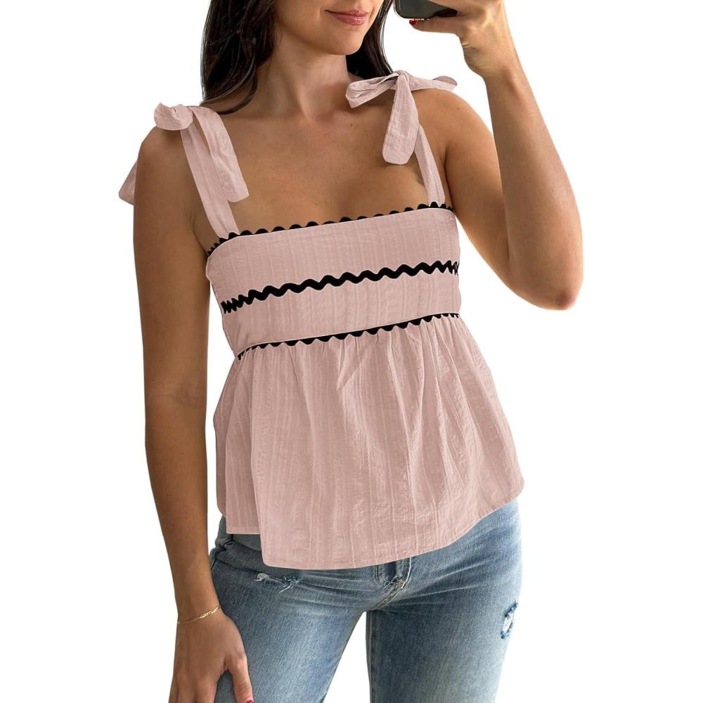 imageTankaneo Womens Cute Tank Tops Summer Casual Peplum Babydoll Square Neck Tie Strap Backless ShirtsPink