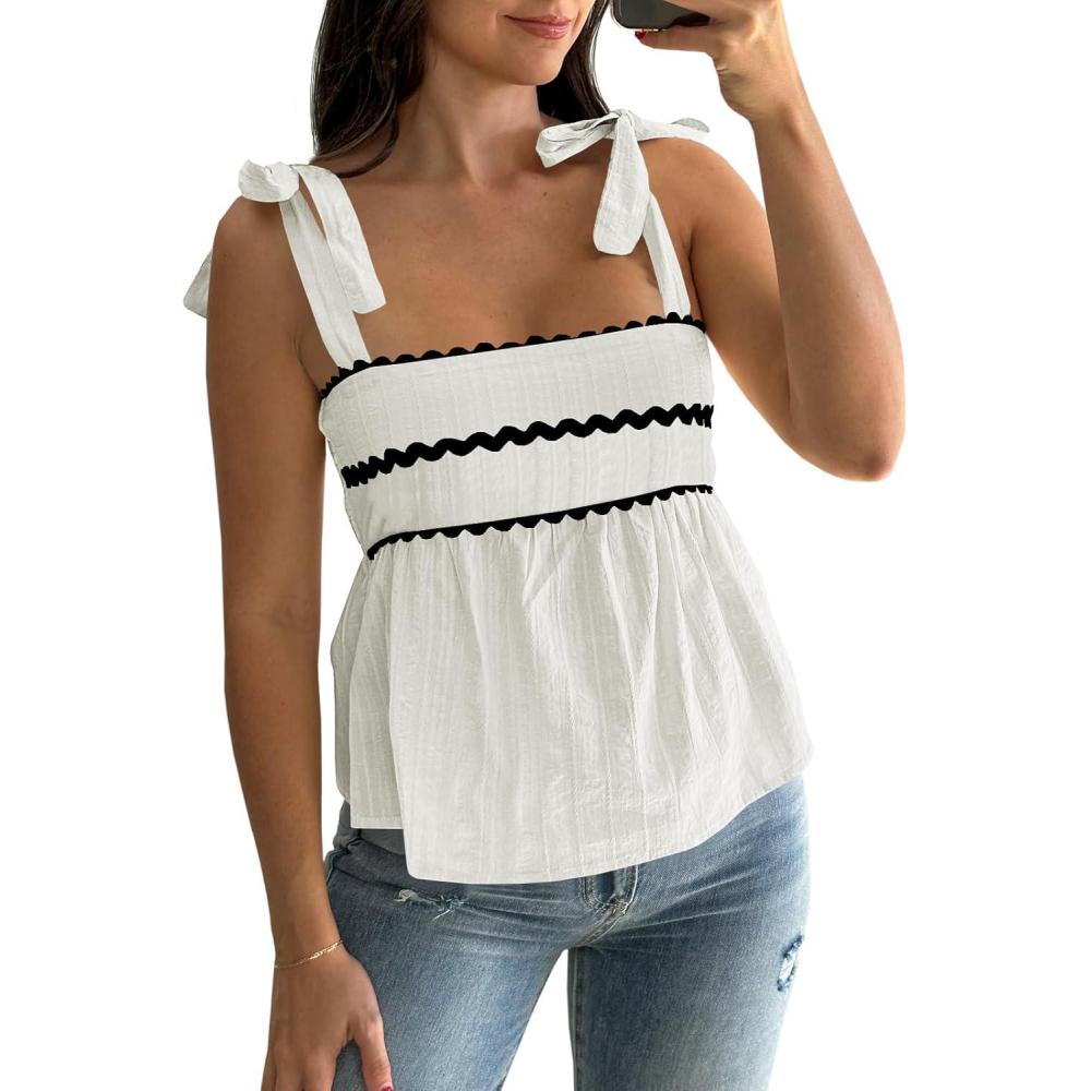 imageTankaneo Womens Cute Tank Tops Summer Casual Peplum Babydoll Square Neck Tie Strap Backless ShirtsWhite