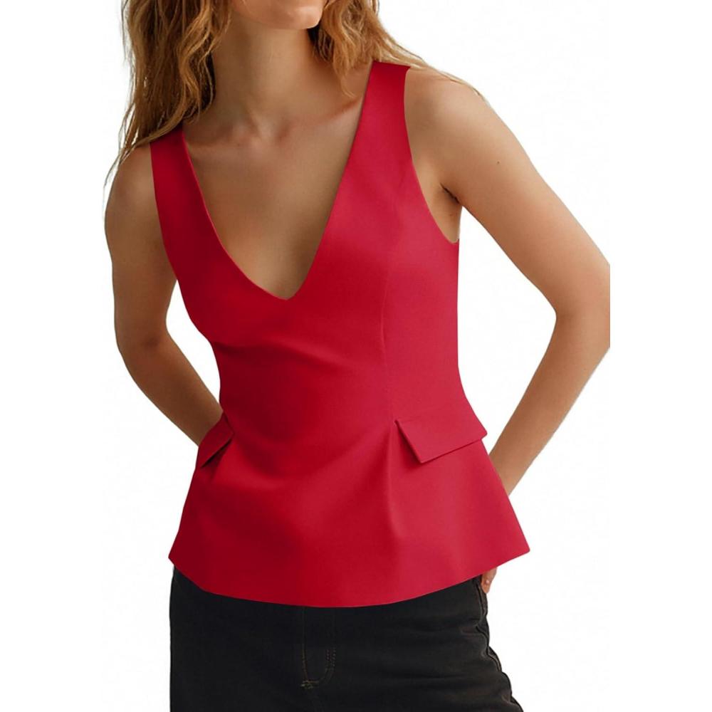 imageTankaneo Womens Deep V Neck Suit Vest Peplum Summer Trendy Sleeveless Fitted Blazer Tank Tops Business Casual BlousesRed