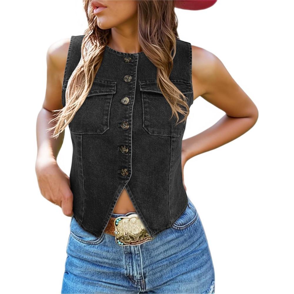 imageTankaneo Womens Going Out Denim Vest Tops Trendy Cropped Sleeveless Button Down Fitted Jean Tank Tops Y2K WaistcoatBlack