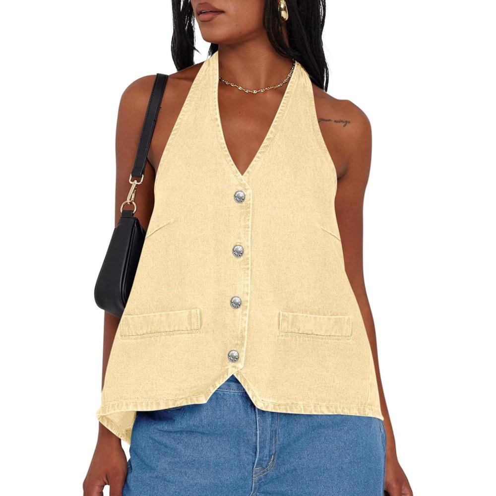 imageTankaneo Womens Halter Denim Vest Tops Summer Open Back Y2K Going Out Tank Tops V Neck Button Down Jean ShirtsBeige