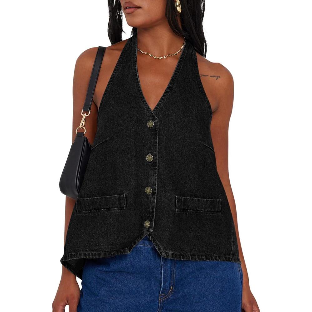 imageTankaneo Womens Halter Denim Vest Tops Summer Open Back Y2K Going Out Tank Tops V Neck Button Down Jean ShirtsBlack