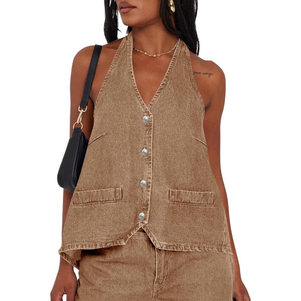 imageTankaneo Womens Halter Denim Vest Tops Summer Open Back Y2K Going Out Tank Tops V Neck Button Down Jean ShirtsBrown
