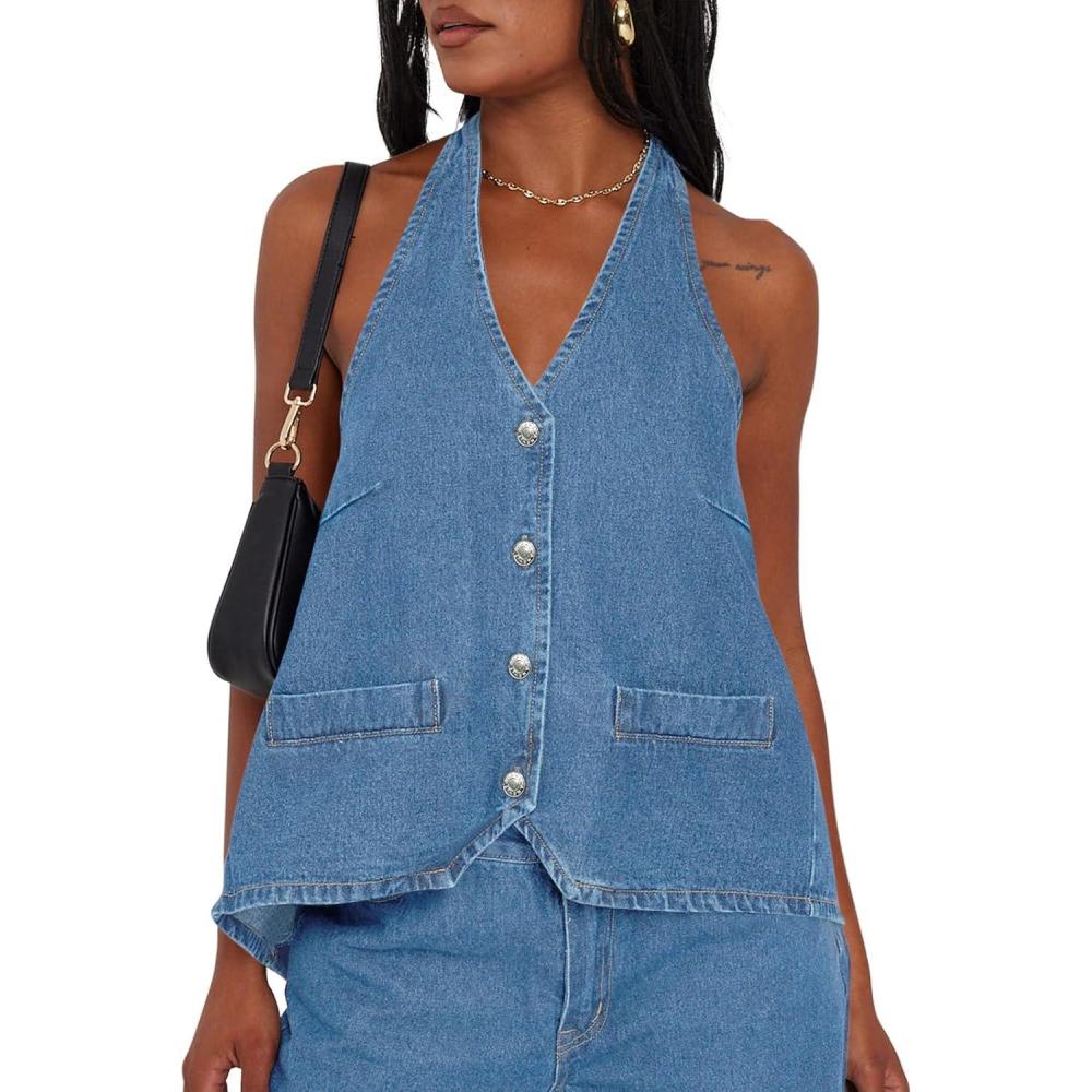 imageTankaneo Womens Halter Denim Vest Tops Summer Open Back Y2K Going Out Tank Tops V Neck Button Down Jean ShirtsLight Blue