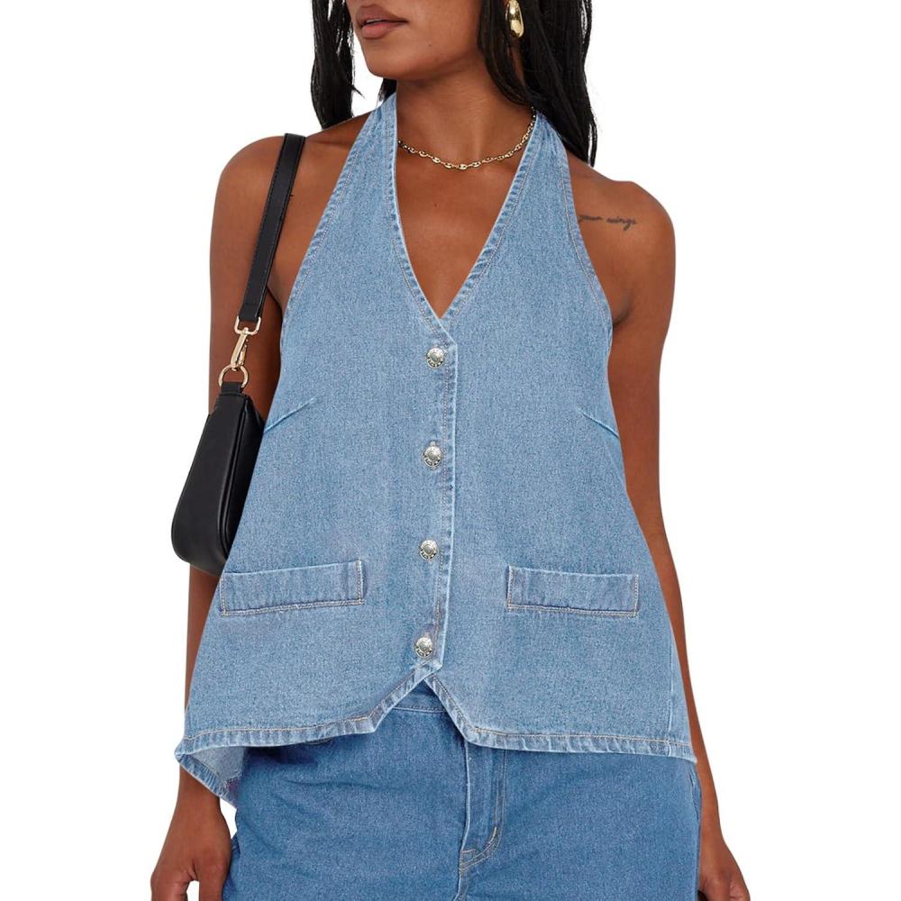 imageTankaneo Womens Halter Denim Vest Tops Summer Open Back Y2K Going Out Tank Tops V Neck Button Down Jean ShirtsWash Blue