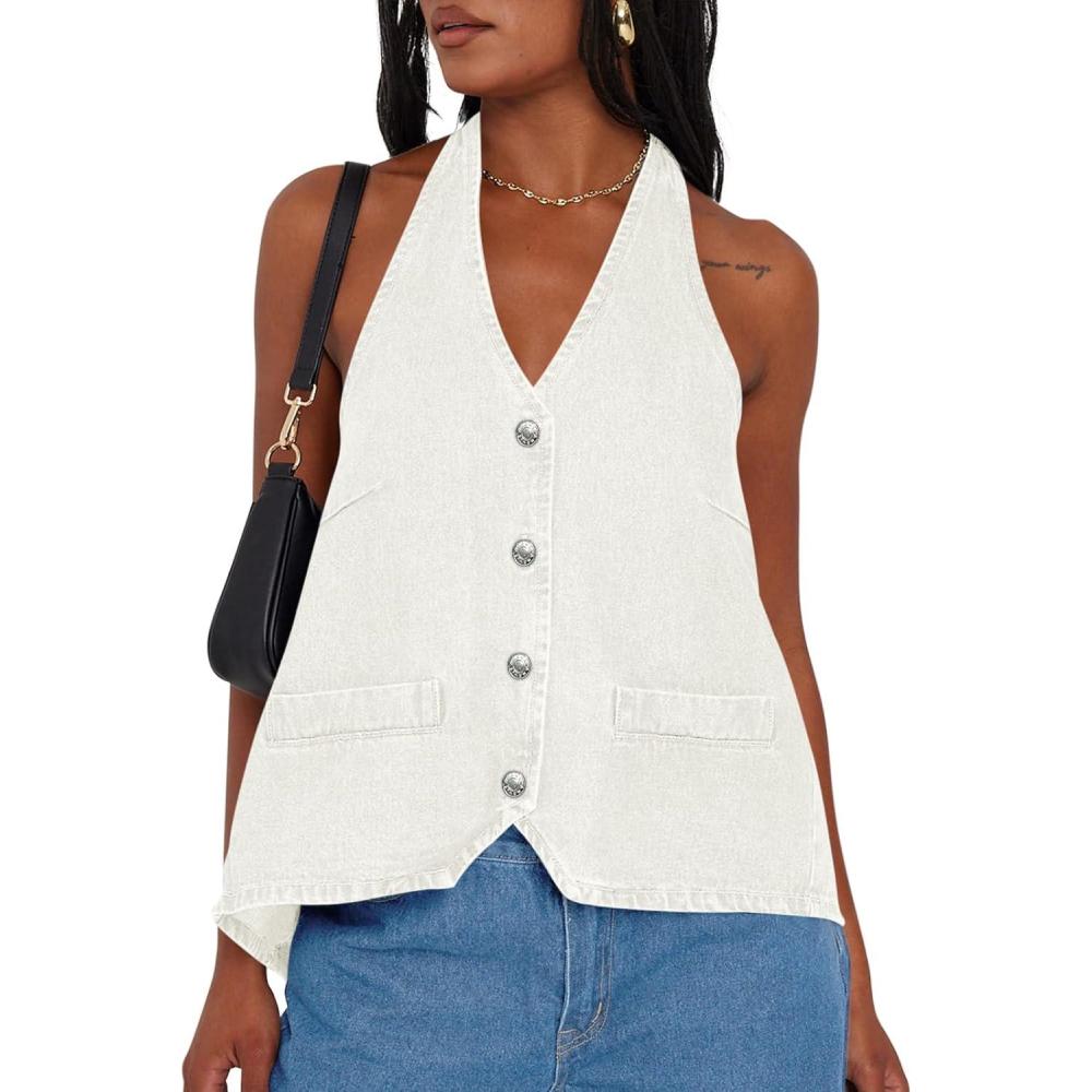 imageTankaneo Womens Halter Denim Vest Tops Summer Open Back Y2K Going Out Tank Tops V Neck Button Down Jean ShirtsWhite
