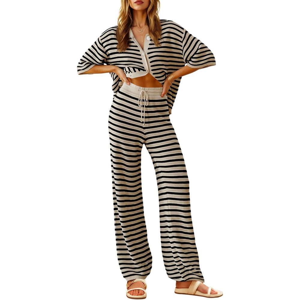 imageTankaneo Womens Knit 2 Piece Lounge Sets Striped Short Sleeve Tops and Wide Leg Pants Travel Airport Vacation OutfitsApricot