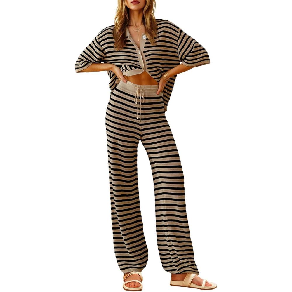 imageTankaneo Womens Knit 2 Piece Lounge Sets Striped Short Sleeve Tops and Wide Leg Pants Travel Airport Vacation OutfitsKhaki