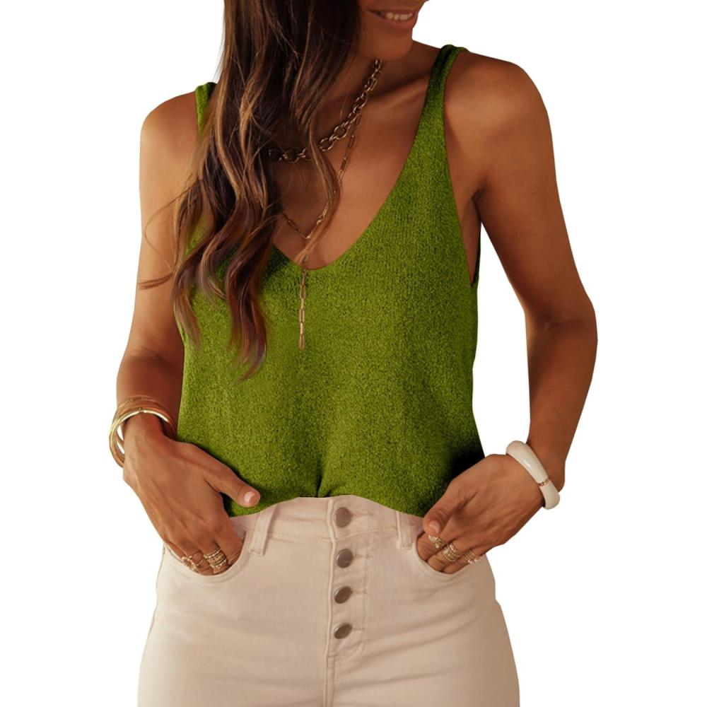 imageTankaneo Womens Knit Sweater Tank Tops Casual Summer V Neck Loose Fit Sleeveless Camisole ShirtsArmy Green