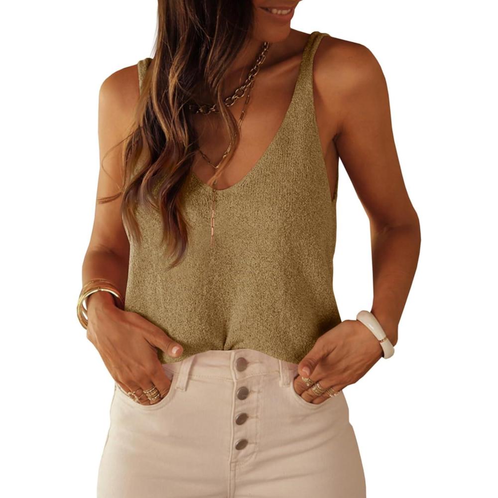 imageTankaneo Womens Knit Sweater Tank Tops Casual Summer V Neck Loose Fit Sleeveless Camisole ShirtsKhaki