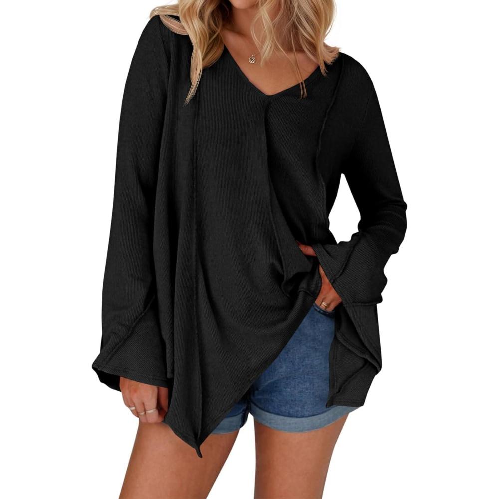 imageTankaneo Womens Long Bell Sleeve Tops V Neck Asymmetrical Hem Ribbed Shirts Flowy Trendy Loose Fit Tees Tunic ShirtsBlack