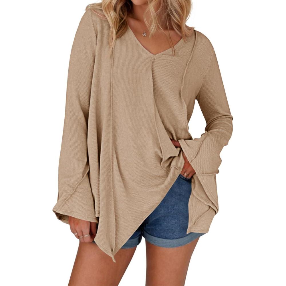 imageTankaneo Womens Long Bell Sleeve Tops V Neck Asymmetrical Hem Ribbed Shirts Flowy Trendy Loose Fit Tees Tunic ShirtsKhaki