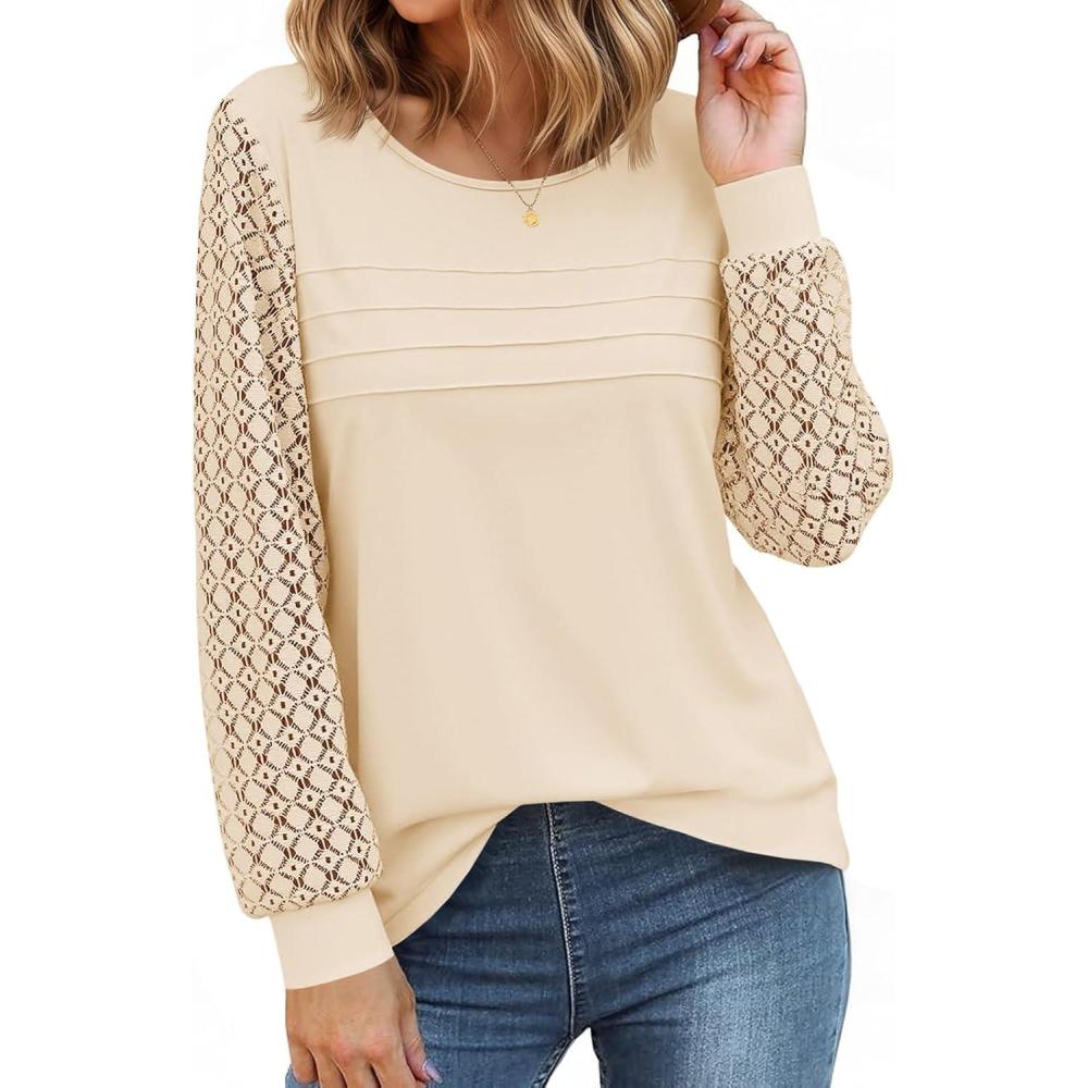 imageTankaneo Womens Long Sleeve Lace Tops Casual Eyelet Tunic Shirts Crewneck Pleated Fall BlousesBeige