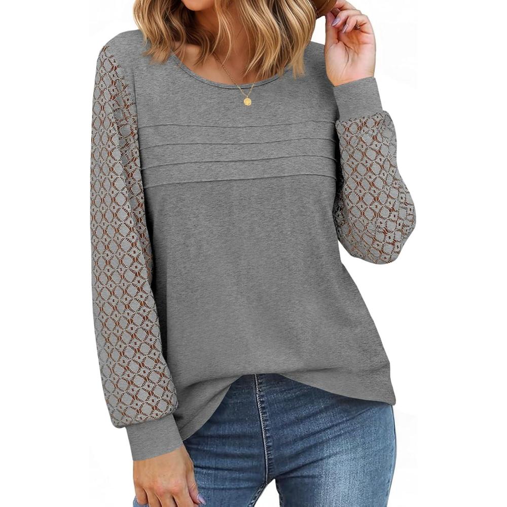 imageTankaneo Womens Long Sleeve Lace Tops Casual Eyelet Tunic Shirts Crewneck Pleated Fall BlousesGrey