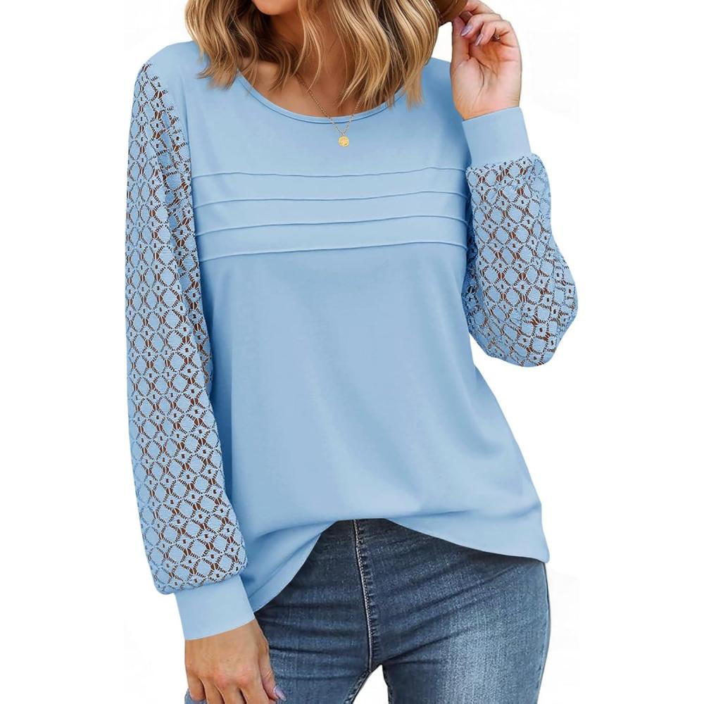imageTankaneo Womens Long Sleeve Lace Tops Casual Eyelet Tunic Shirts Crewneck Pleated Fall BlousesLight Blue