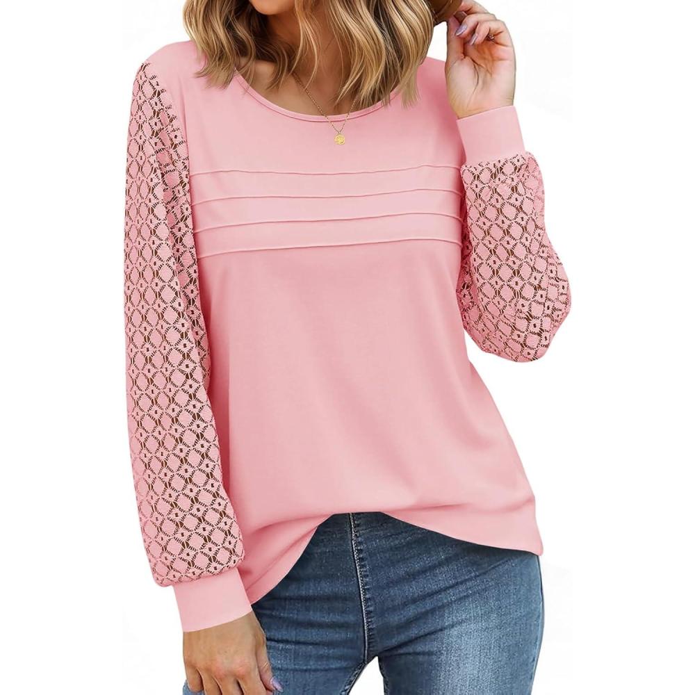imageTankaneo Womens Long Sleeve Lace Tops Casual Eyelet Tunic Shirts Crewneck Pleated Fall BlousesPink