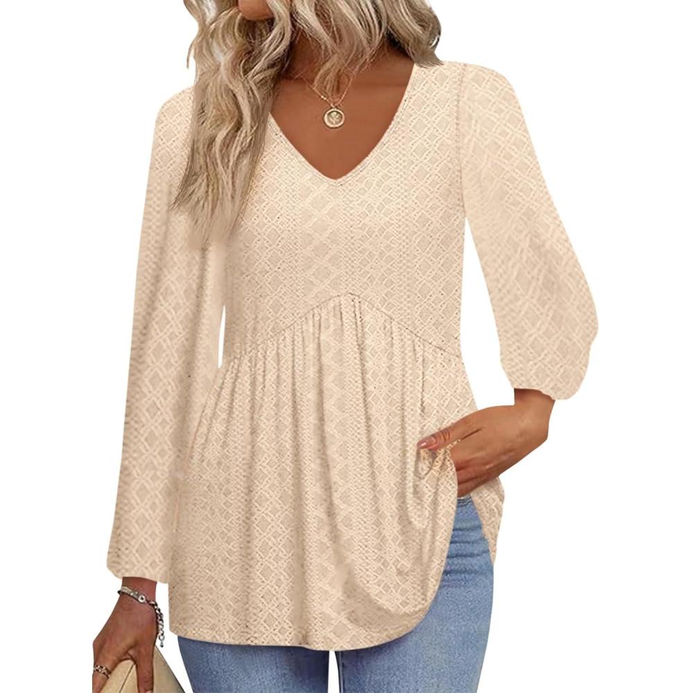 imageTankaneo Womens Long Sleeve Shirts V Neck Loose Fit Tunic Tops Babydoll Peplum Top Flowy Dressy Casual Blouse Eyelet TShirtApricot