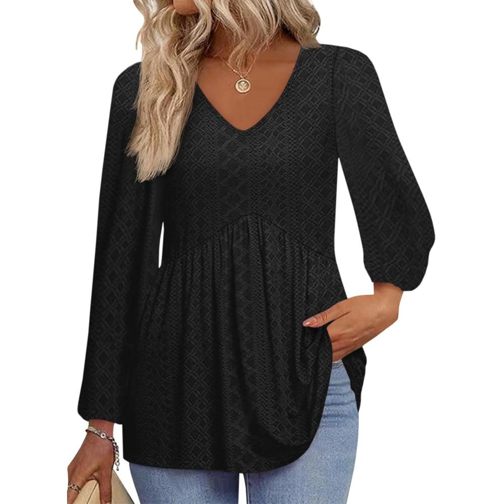 imageTankaneo Womens Long Sleeve Shirts V Neck Loose Fit Tunic Tops Babydoll Peplum Top Flowy Dressy Casual Blouse Eyelet TShirtBlack