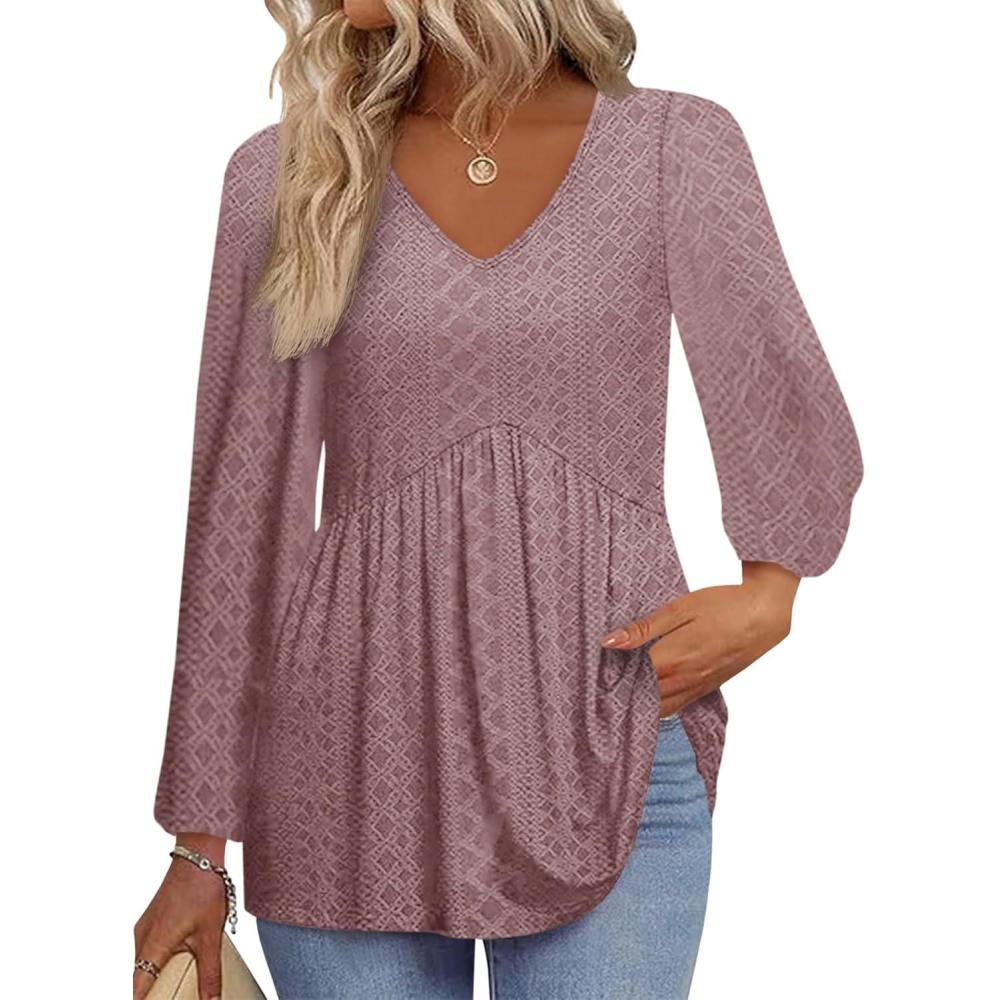 imageTankaneo Womens Long Sleeve Shirts V Neck Loose Fit Tunic Tops Babydoll Peplum Top Flowy Dressy Casual Blouse Eyelet TShirtDark Pink