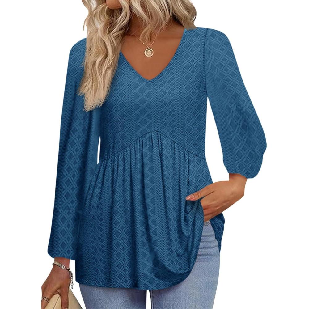 imageTankaneo Womens Long Sleeve Shirts V Neck Loose Fit Tunic Tops Babydoll Peplum Top Flowy Dressy Casual Blouse Eyelet TShirtNavy