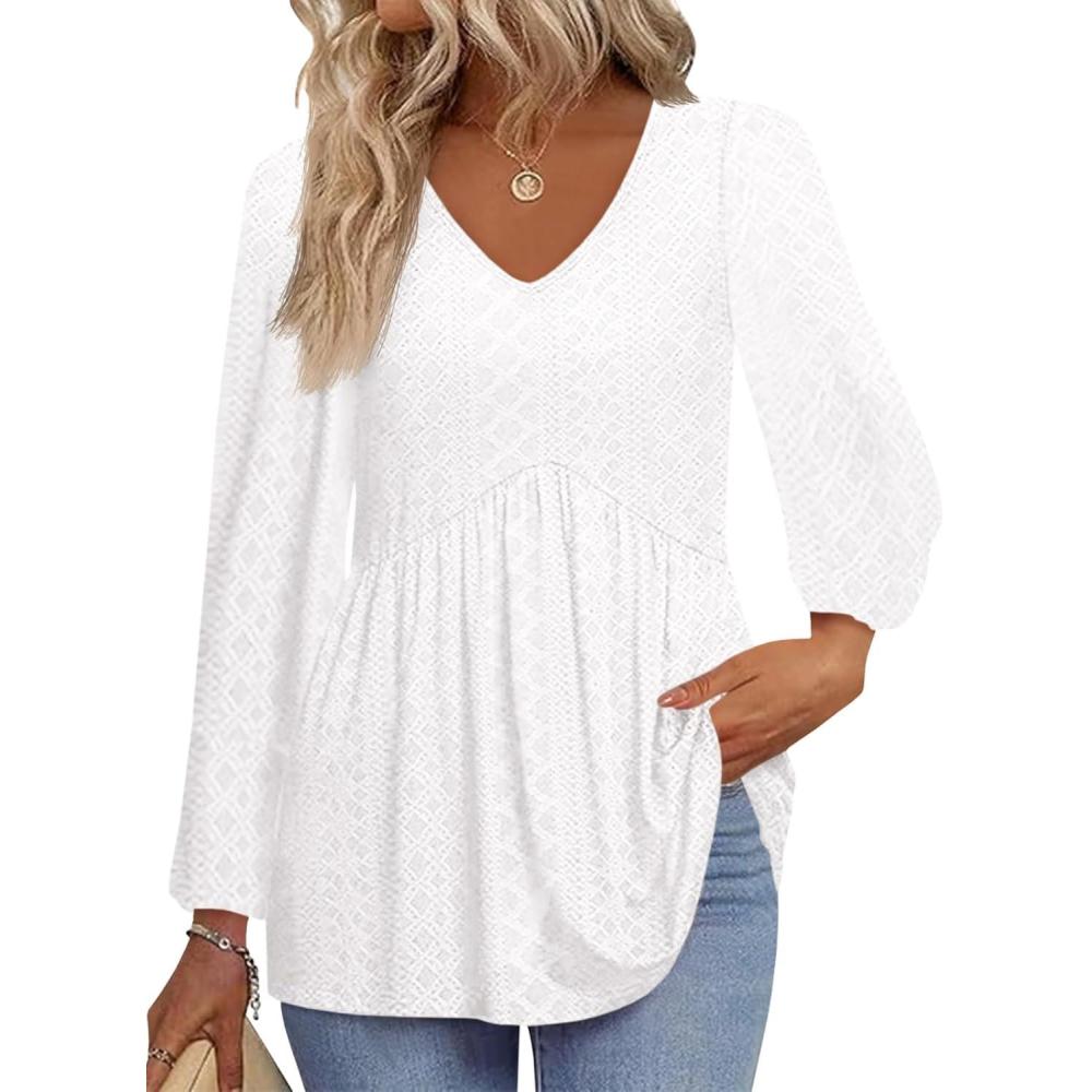 imageTankaneo Womens Long Sleeve Shirts V Neck Loose Fit Tunic Tops Babydoll Peplum Top Flowy Dressy Casual Blouse Eyelet TShirtWhite