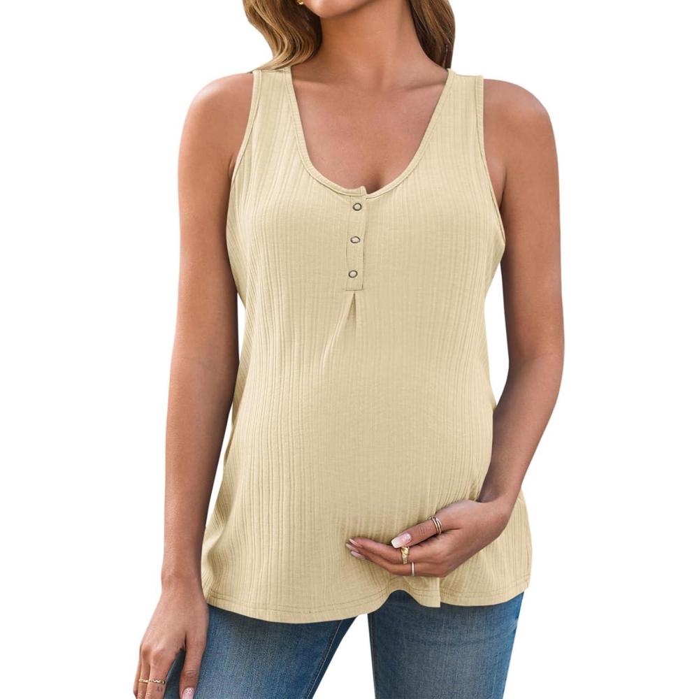 imageTankaneo Womens Maternity Henley Tank Tops Summer Scoop Neck Ribbed Knit Sleeveless Shirts Casual Loose fit Pregnancy ClothesBeige