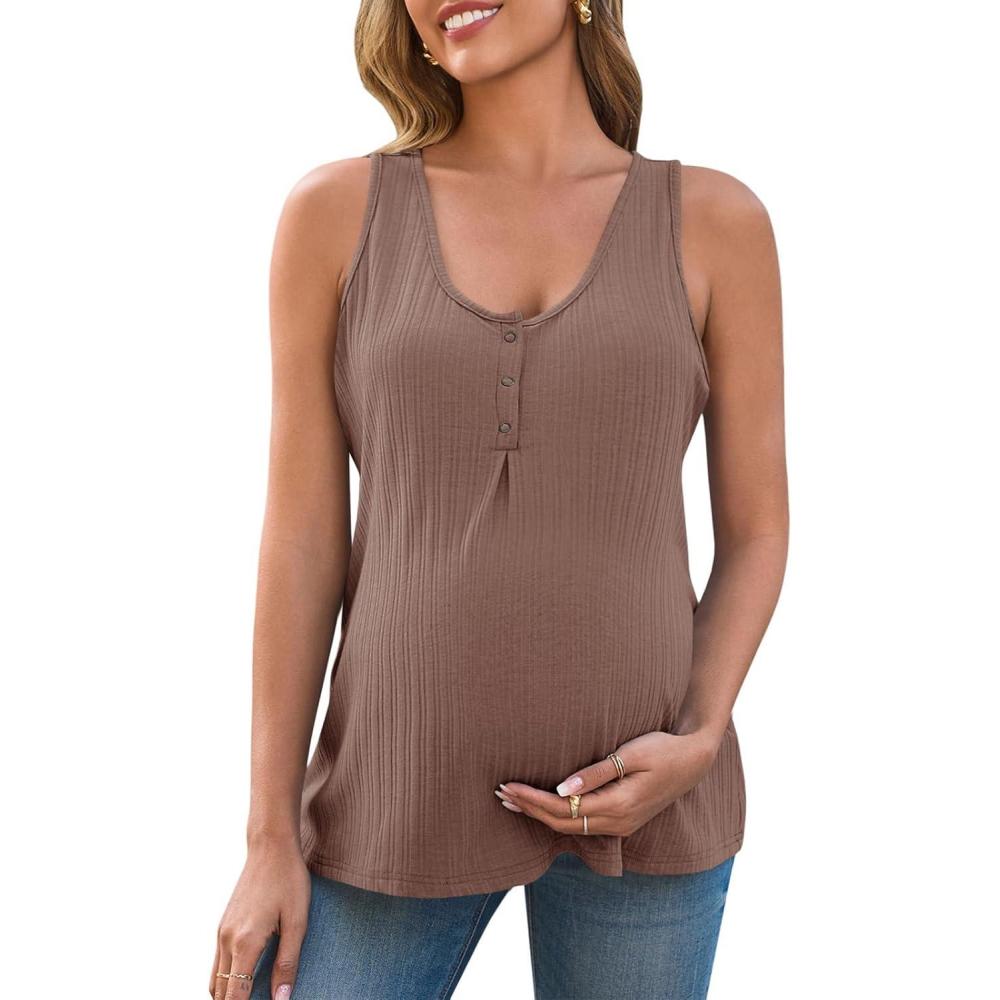 imageTankaneo Womens Maternity Henley Tank Tops Summer Scoop Neck Ribbed Knit Sleeveless Shirts Casual Loose fit Pregnancy ClothesCoffee