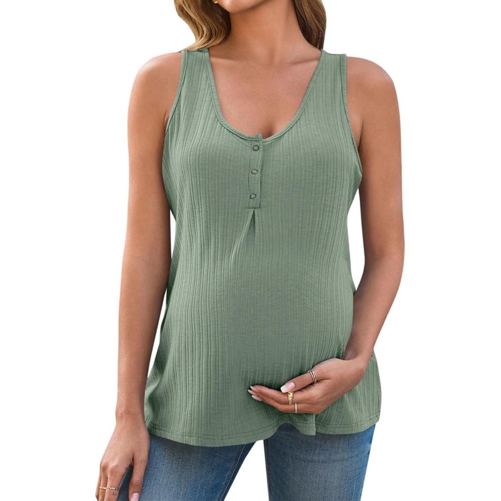 imageTankaneo Womens Maternity Henley Tank Tops Summer Scoop Neck Ribbed Knit Sleeveless Shirts Casual Loose fit Pregnancy ClothesGreen