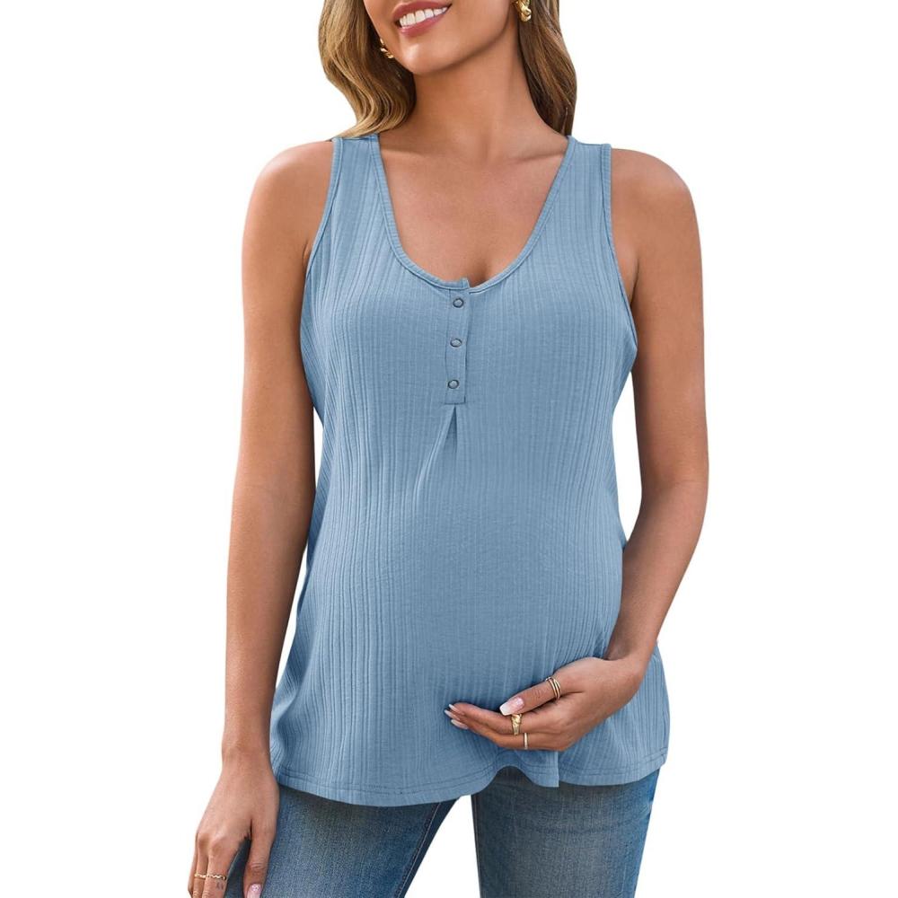 imageTankaneo Womens Maternity Henley Tank Tops Summer Scoop Neck Ribbed Knit Sleeveless Shirts Casual Loose fit Pregnancy ClothesNavy