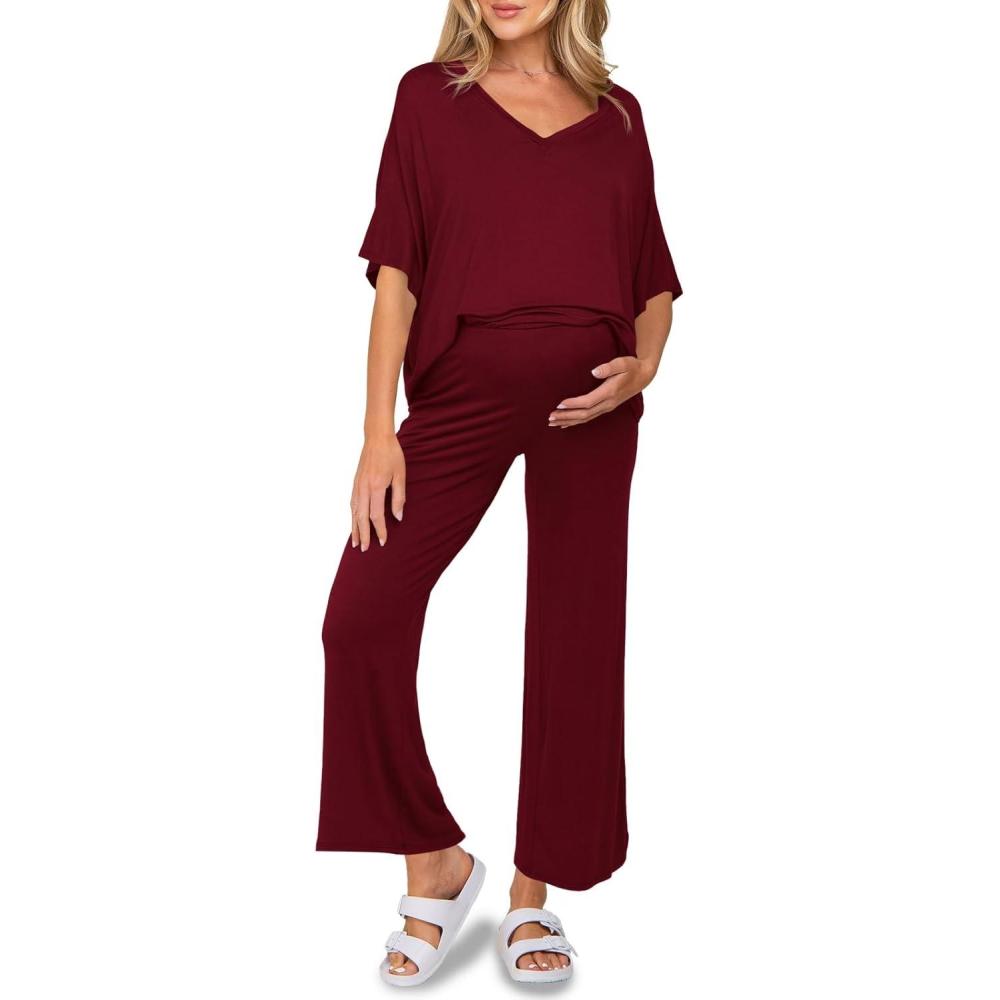 imageTankaneo Womens Maternity Pajamas 2 Piece Lounge Set Soft Short Sleeve V Neck Tshirt Cropped Pants Pregnancy LoungewearBurgundy