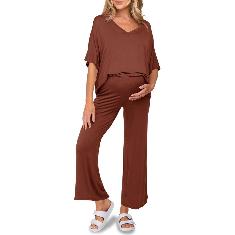imageTankaneo Womens Maternity Pajamas 2 Piece Lounge Set Soft Short Sleeve V Neck Tshirt Cropped Pants Pregnancy LoungewearCoffee
