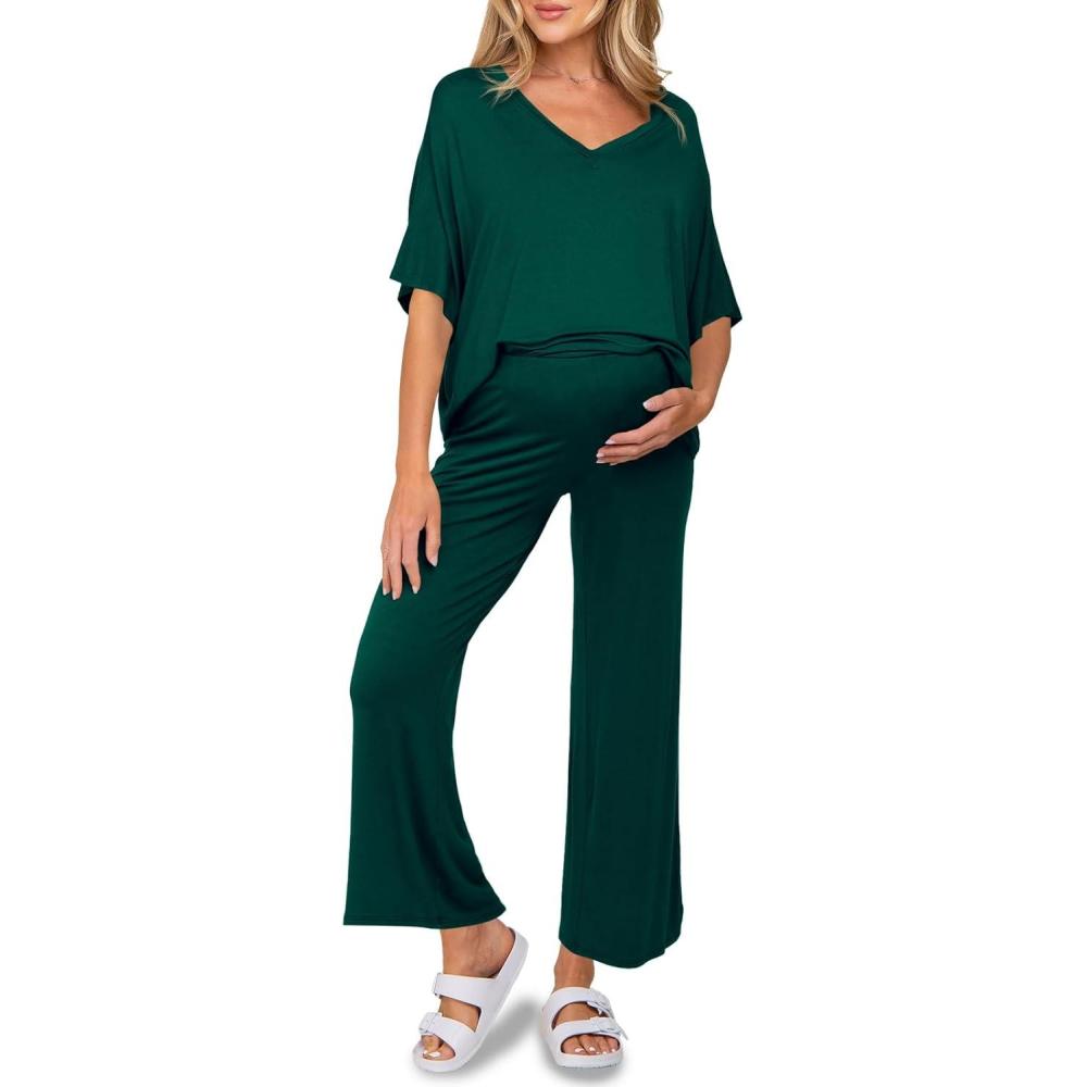 imageTankaneo Womens Maternity Pajamas 2 Piece Lounge Set Soft Short Sleeve V Neck Tshirt Cropped Pants Pregnancy LoungewearDark Green