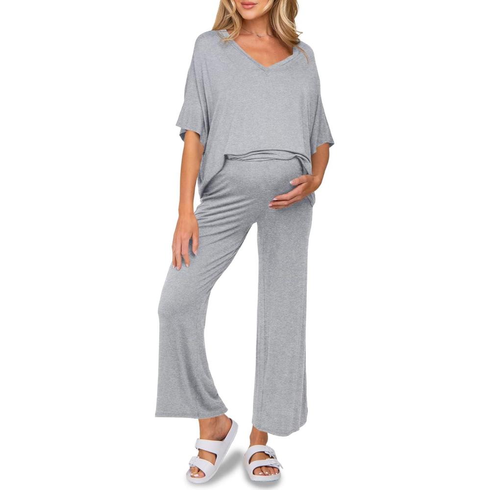 imageTankaneo Womens Maternity Pajamas 2 Piece Lounge Set Soft Short Sleeve V Neck Tshirt Cropped Pants Pregnancy LoungewearGrey