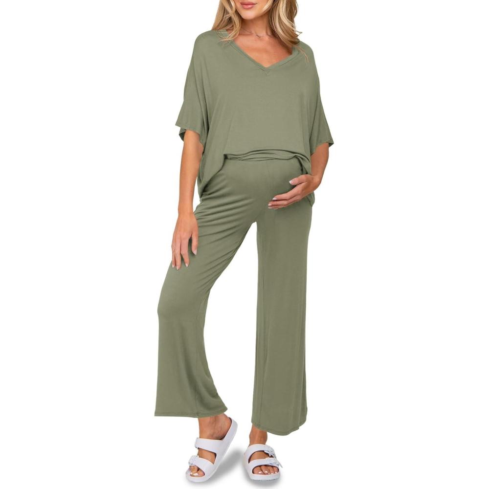 imageTankaneo Womens Maternity Pajamas 2 Piece Lounge Set Soft Short Sleeve V Neck Tshirt Cropped Pants Pregnancy LoungewearPea Green