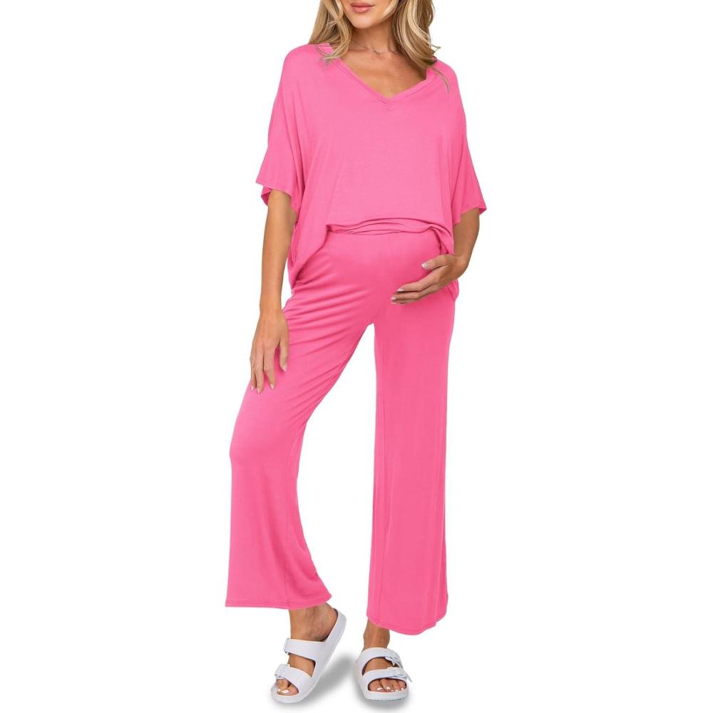 imageTankaneo Womens Maternity Pajamas 2 Piece Lounge Set Soft Short Sleeve V Neck Tshirt Cropped Pants Pregnancy LoungewearPink