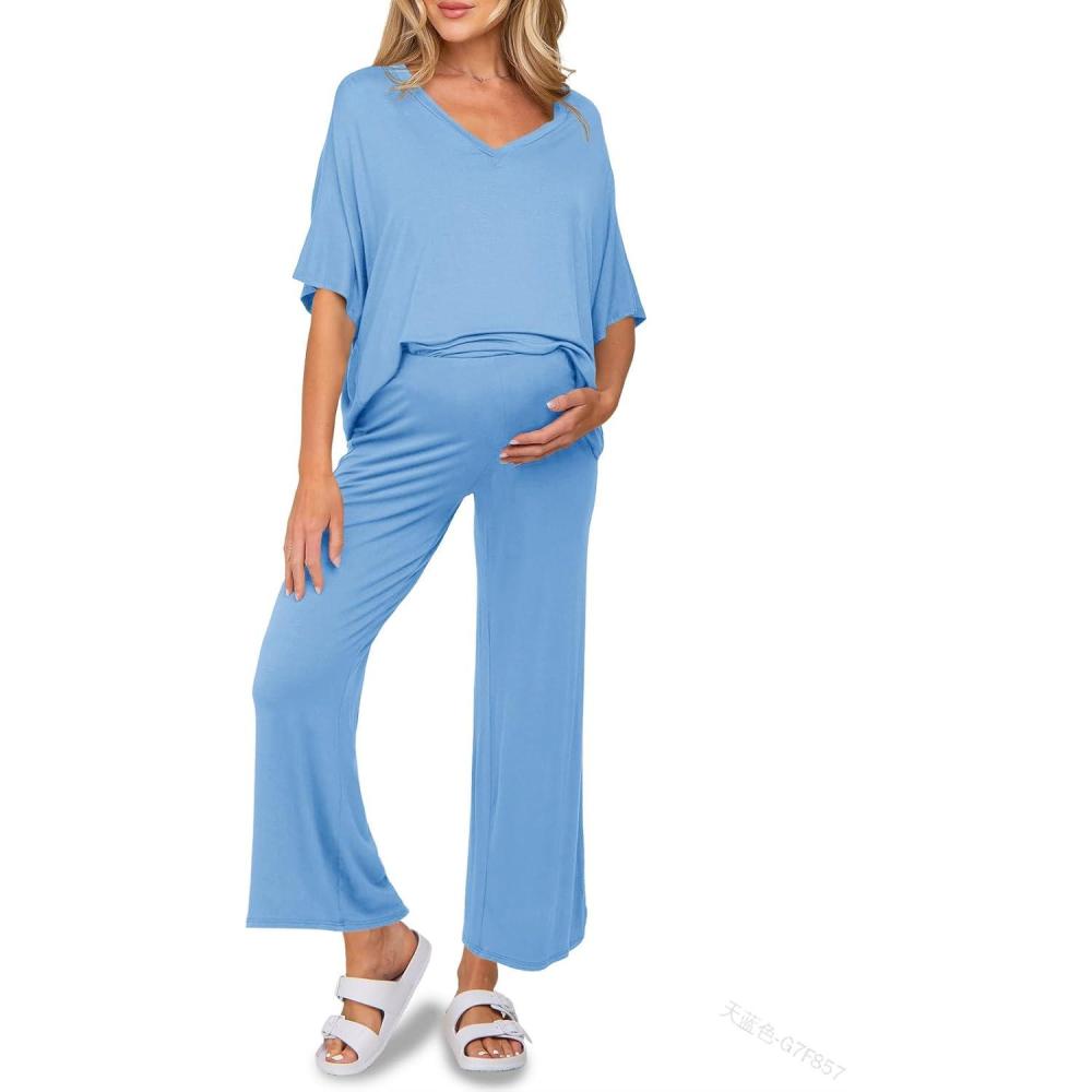 imageTankaneo Womens Maternity Pajamas 2 Piece Lounge Set Soft Short Sleeve V Neck Tshirt Cropped Pants Pregnancy LoungewearSky Blue