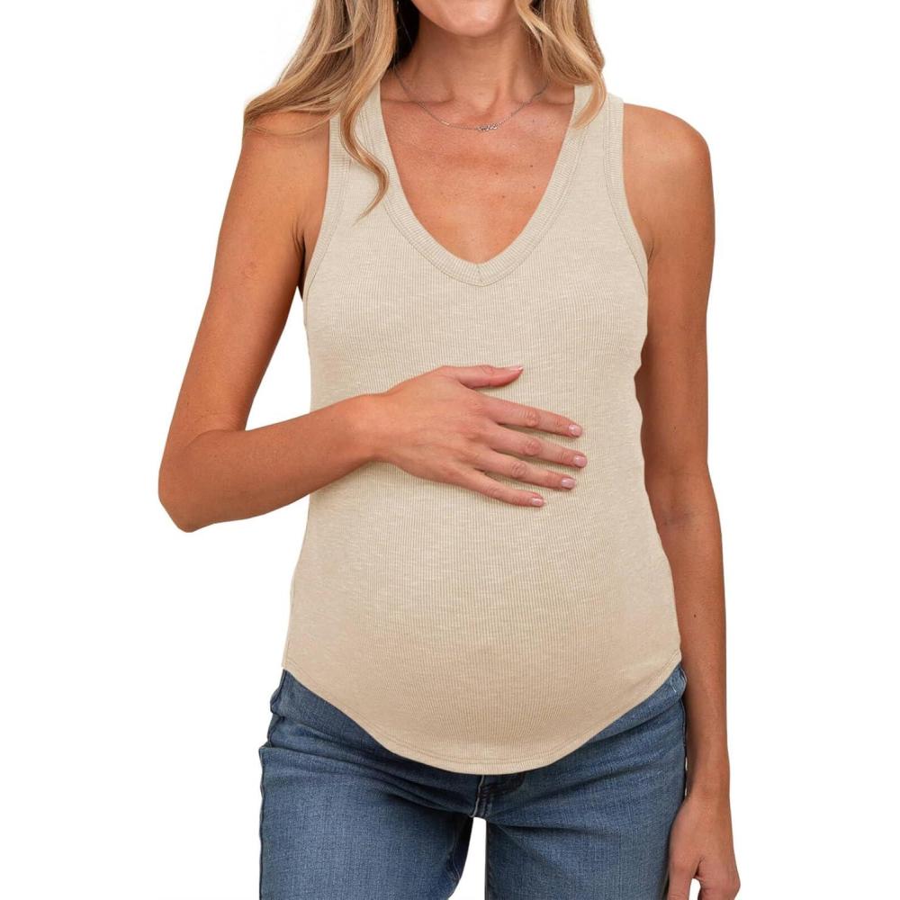 imageTankaneo Womens Maternity Tank Tops Sleeveless V Neck Ribbed Knit Shirts Fitted Summer Casual Curved Hem Pregnancy ClothesBeige