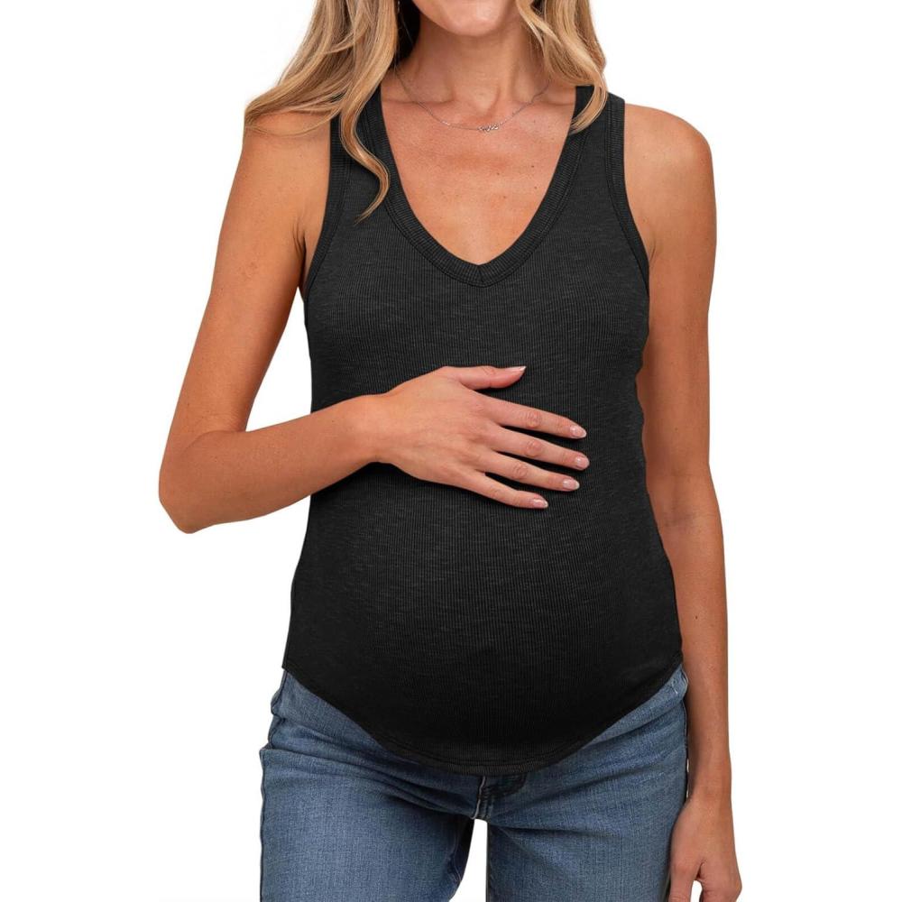imageTankaneo Womens Maternity Tank Tops Sleeveless V Neck Ribbed Knit Shirts Fitted Summer Casual Curved Hem Pregnancy ClothesBlack