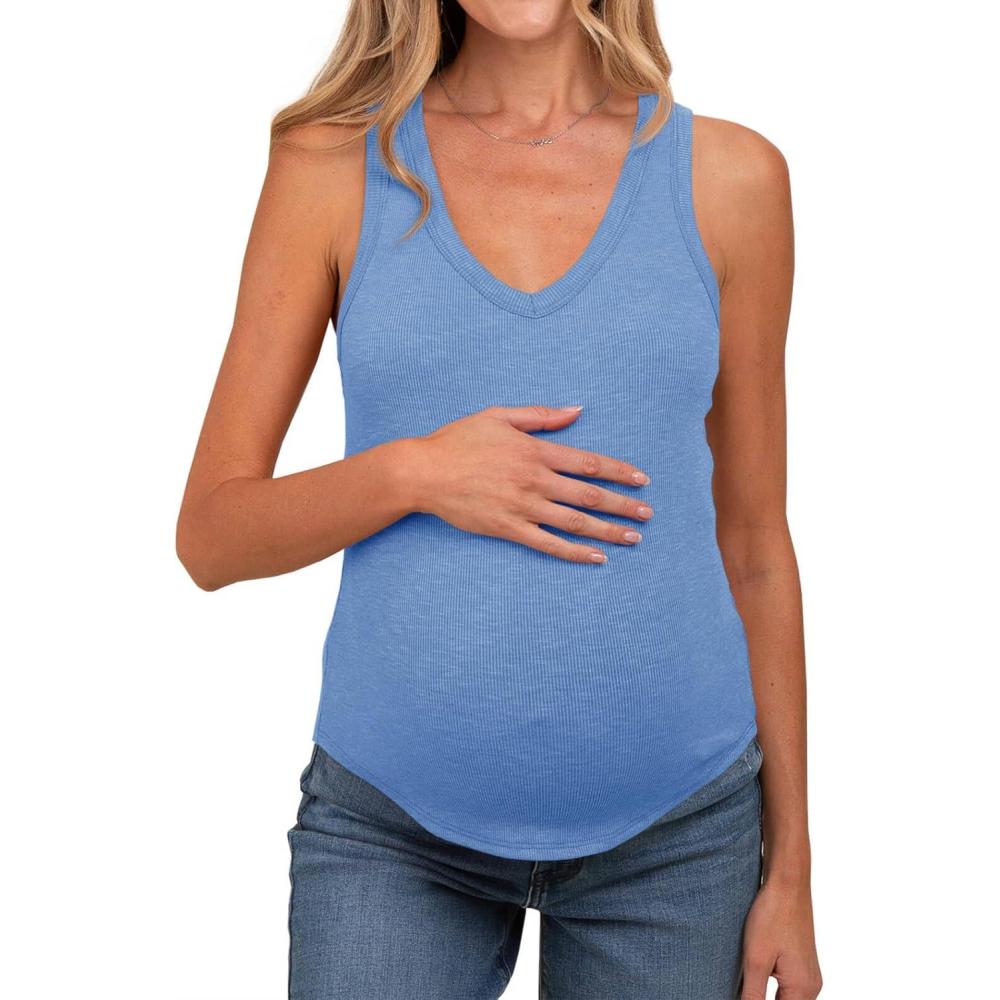 imageTankaneo Womens Maternity Tank Tops Sleeveless V Neck Ribbed Knit Shirts Fitted Summer Casual Curved Hem Pregnancy ClothesBlue
