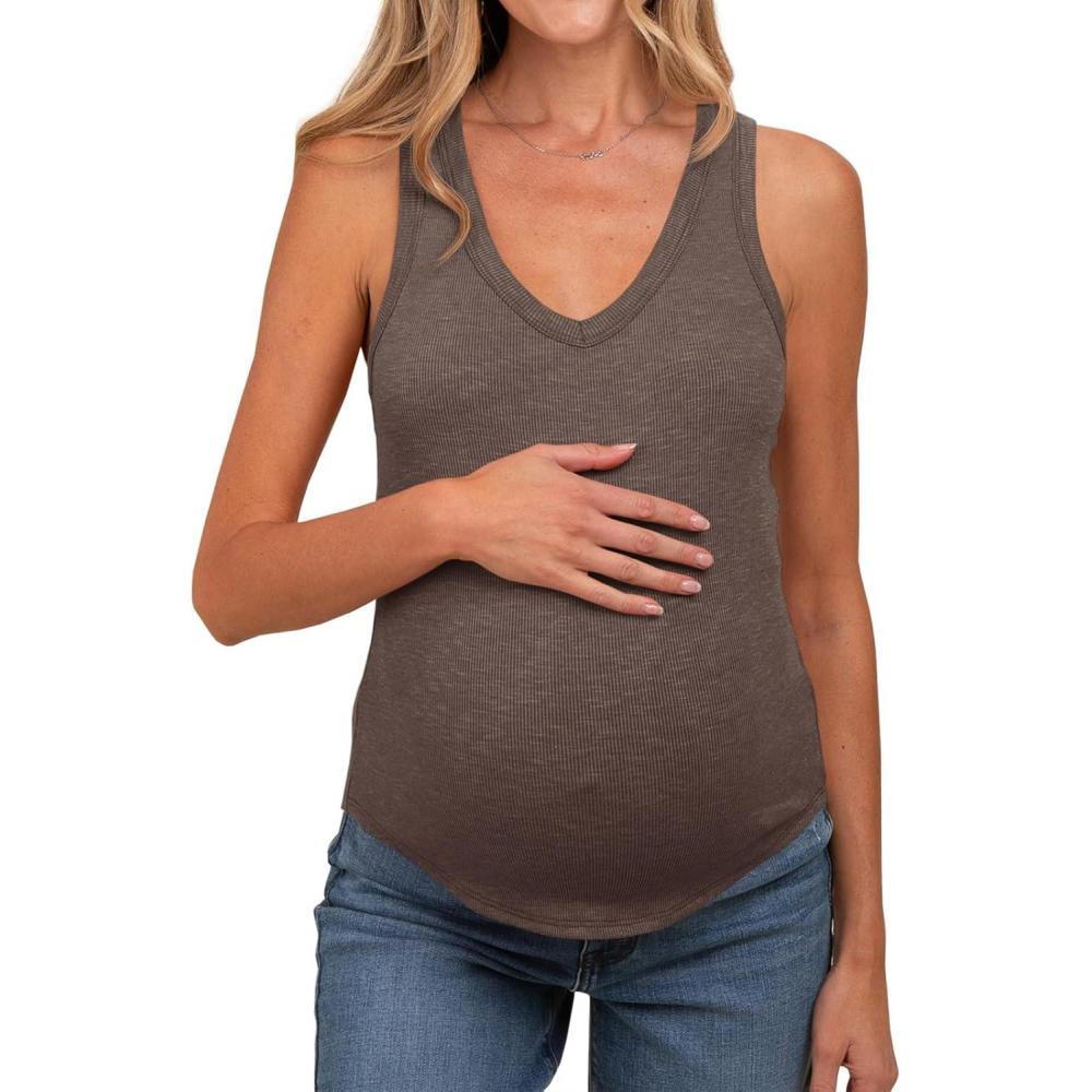imageTankaneo Womens Maternity Tank Tops Sleeveless V Neck Ribbed Knit Shirts Fitted Summer Casual Curved Hem Pregnancy ClothesCoffee