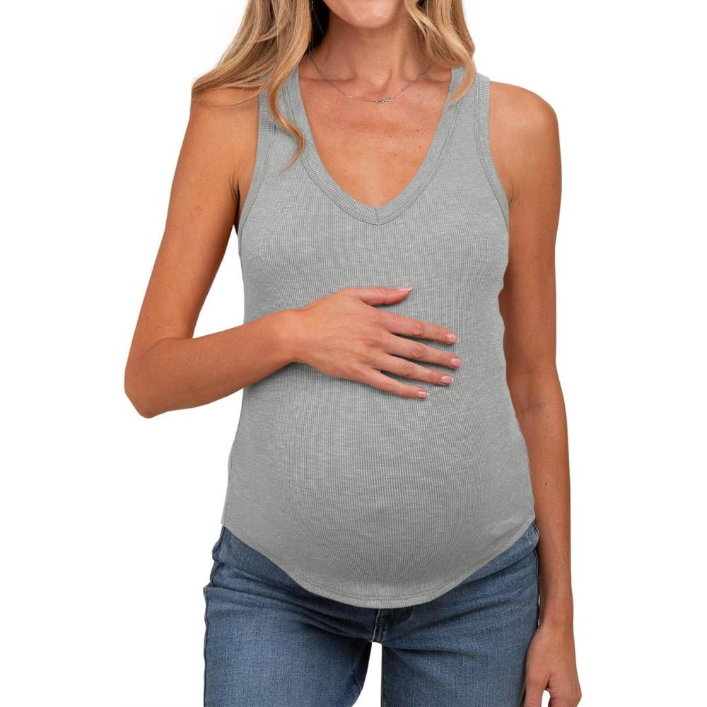 imageTankaneo Womens Maternity Tank Tops Sleeveless V Neck Ribbed Knit Shirts Fitted Summer Casual Curved Hem Pregnancy ClothesGrey