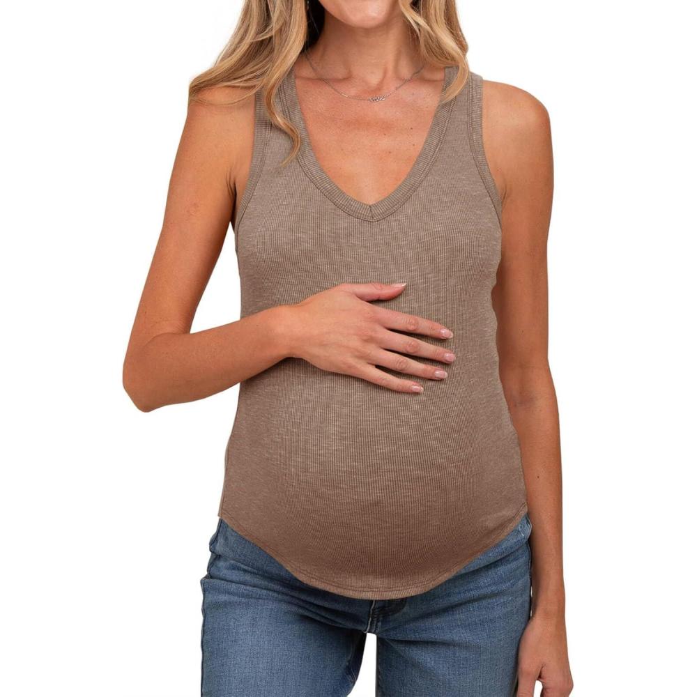 imageTankaneo Womens Maternity Tank Tops Sleeveless V Neck Ribbed Knit Shirts Fitted Summer Casual Curved Hem Pregnancy ClothesKhaki