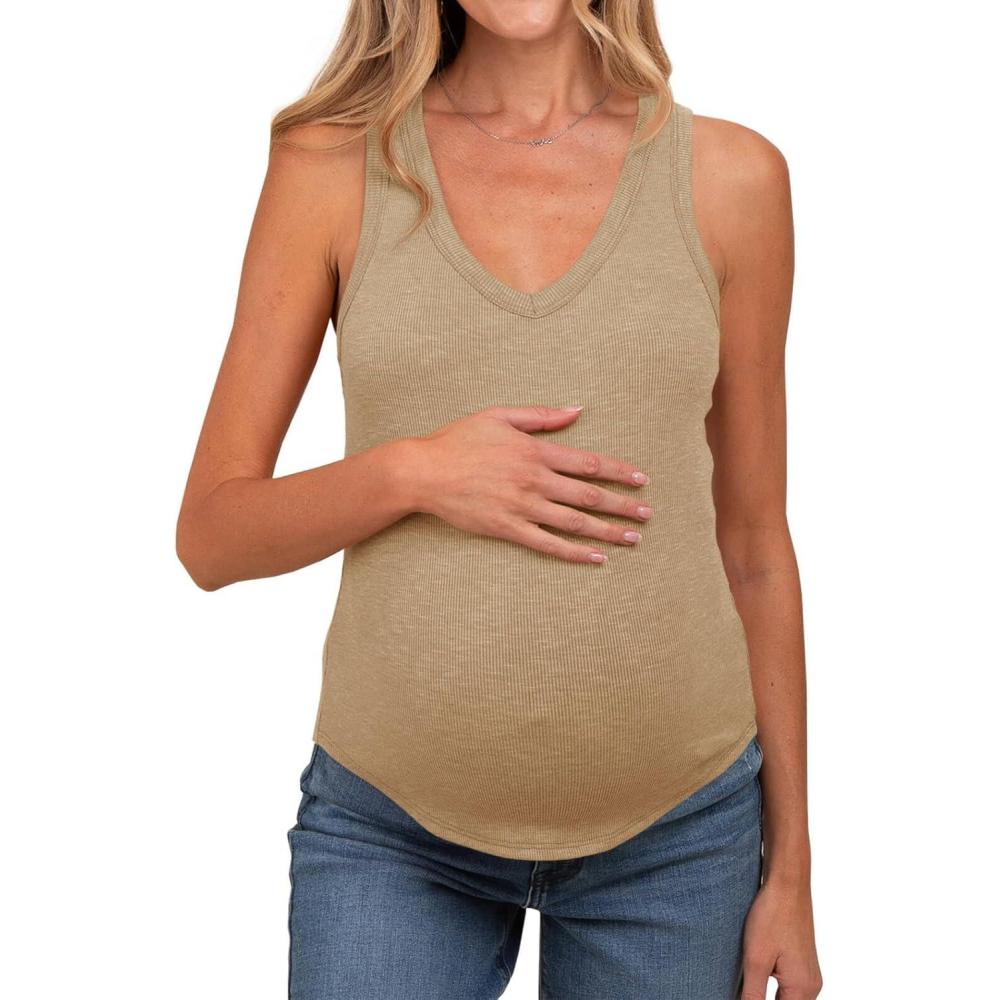 imageTankaneo Womens Maternity Tank Tops Sleeveless V Neck Ribbed Knit Shirts Fitted Summer Casual Curved Hem Pregnancy ClothesLight Khaki